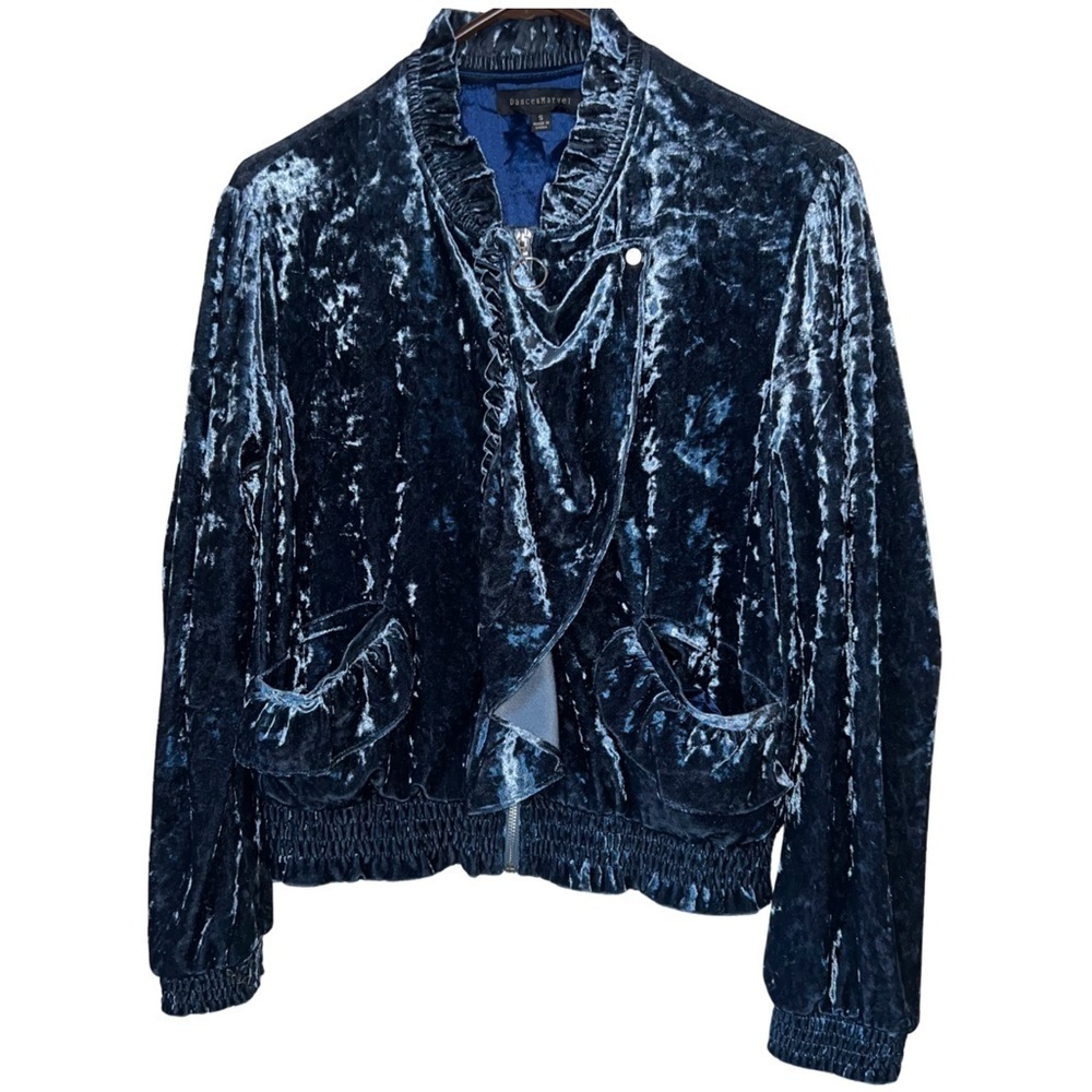 Dance & Marvel Blue Crushed Velvet Ruffled Zip Up Jacket Size Small